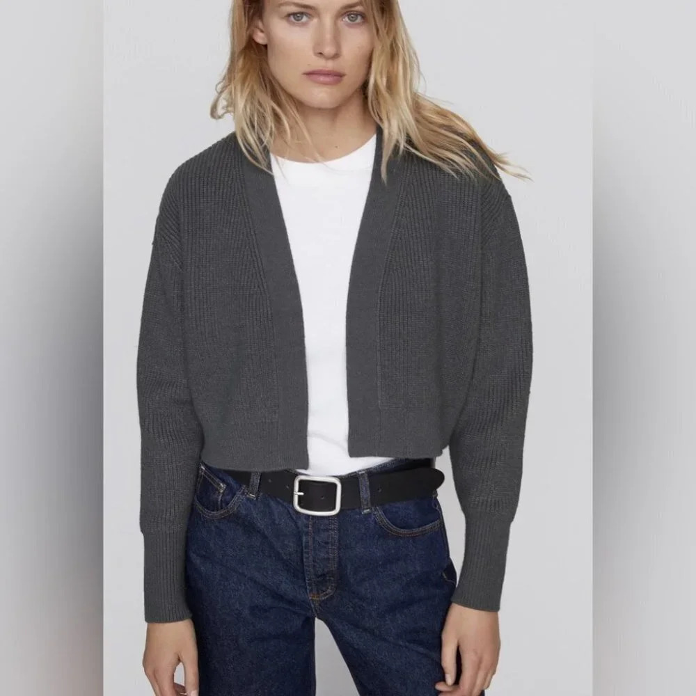 Zara Purl Knit Open Front Ribbed Knit Cardigan Sweater Grey Size Medium